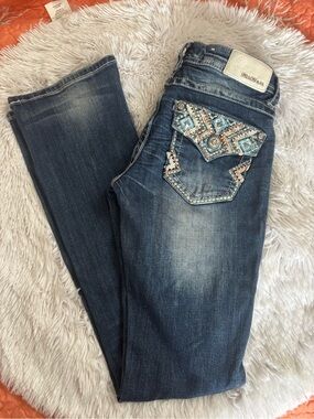 Grace in LA jeans  Boot Cut Jeans with Turquoise Embroidered Pockets size 26